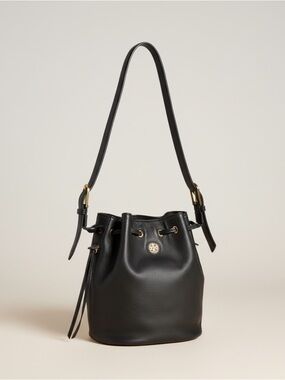Tory Burch Pebbled Leather Bucket Bag Black Gold Logo Drawstring w Dust Bag EUC